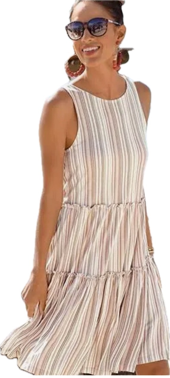 Lascana Flowy Tiered Tank Dress Women's 4 (36) Brown White Striped Nwt
